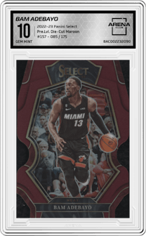 Bam Adebayo from the 2022-23 Panini Select set featuring a Die-Cut Maroon parallel graded by Arena Club and given an overall grade of 10.