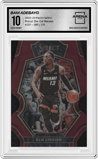 Bam Adebayo from the 2022-23 Panini Select set featuring a Die-Cut Maroon parallel graded by Arena Club and given an overall grade of 10.