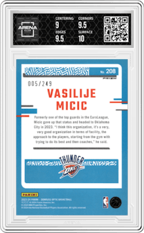 Vasilije Micic from the 2023-24 Donruss Optic set featuring a Aqua parallel graded by Arena Club and given an overall grade of 9.5.