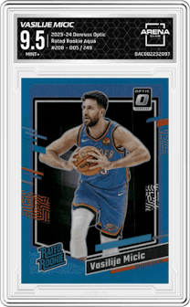 Vasilije Micic from the 2023-24 Donruss Optic set featuring a Aqua parallel graded by Arena Club and given an overall grade of 9.5.