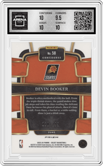 Devin Booker from the 2023-24 Panini Select  set featuring a Light Blue Prizm parallel graded by Arena Club and given an overall grade of 10.