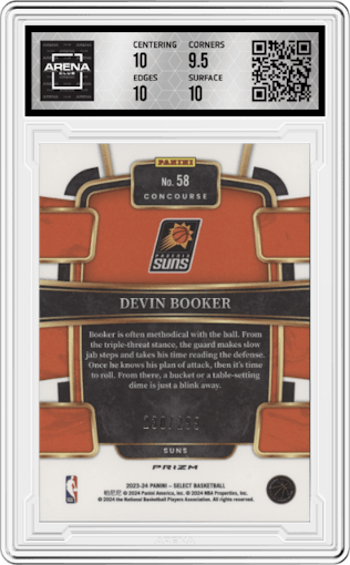 Devin Booker from the 2023-24 Panini Select  set featuring a Light Blue Prizm parallel graded by Arena Club and given an overall grade of 10.