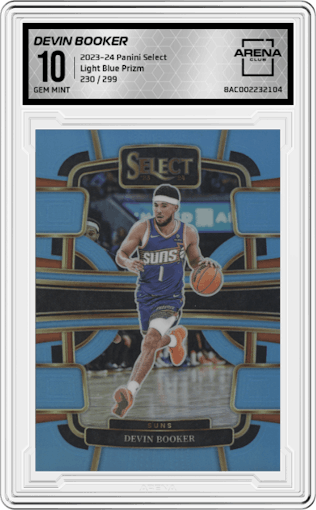Devin Booker from the 2023-24 Panini Select  set featuring a Light Blue Prizm parallel graded by Arena Club and given an overall grade of 10.