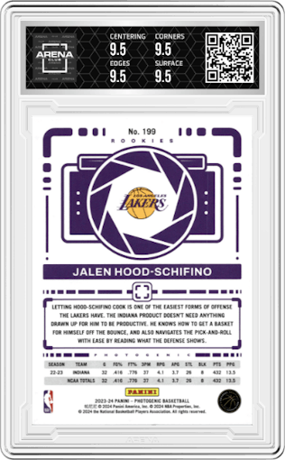 Jalen Hood-Schifino from the 2023-24 Panini Photogenic set featuring a Diamond parallel graded by Arena Club and given an overall grade of 9.5.