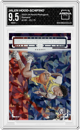 Jalen Hood-Schifino from the 2023-24 Panini Photogenic set featuring a Diamond parallel graded by Arena Club and given an overall grade of 9.5.