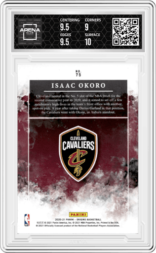 Isaac Okoro from the 2020-21 Panini Origins  set featuring a Pink parallel graded by Arena Club and given an overall grade of 9.5.