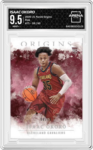 Isaac Okoro from the 2020-21 Panini Origins  set featuring a Pink parallel graded by Arena Club and given an overall grade of 9.5.