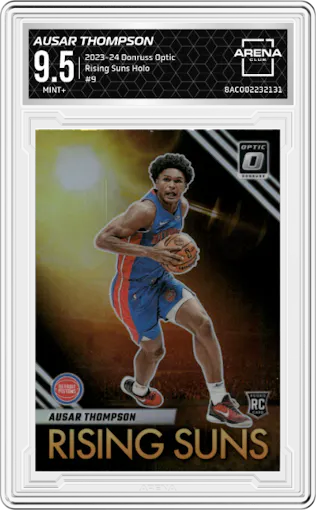 Ausar Thompson from the 2023-24 Donruss Optic set featuring a Holo parallel graded by Arena Club and given an overall grade of 9.5.
