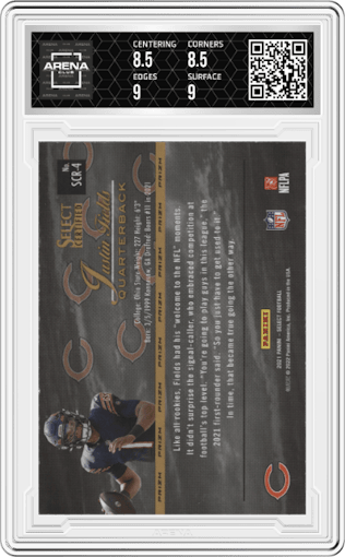 Justin Fields from the 2021 Panini Select set featuring a Silver Prizm parallel graded by Arena Club and given an overall grade of 9.