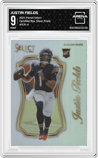 Justin Fields from the 2021 Panini Select set featuring a Silver Prizm parallel graded by Arena Club and given an overall grade of 9.