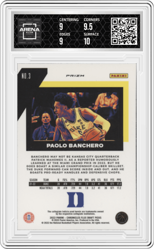 Paolo Banchero from the 2022-23 Panini Chronicles Draft Picks set featuring a Silver parallel graded by Arena Club and given an overall grade of 9.5.