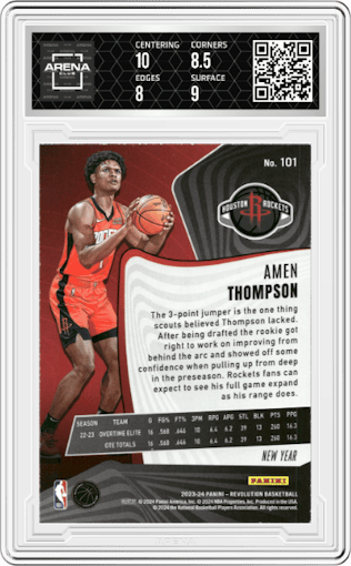 Amen Thompson from the 2023-24 Panini Revolution set featuring a Chinese New Year parallel graded by Arena Club and given an overall grade of 8.5.