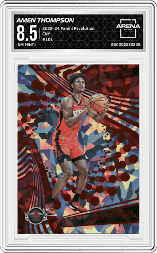 Amen Thompson from the 2023-24 Panini Revolution set featuring a Chinese New Year parallel graded by Arena Club and given an overall grade of 8.5.