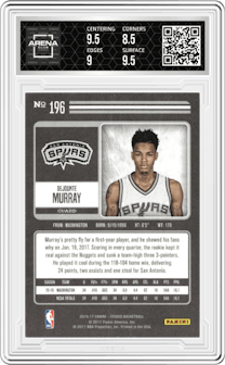 Dejounte Murray from the 2016-17 Panini Studio set graded by Arena Club and given an overall grade of 9.