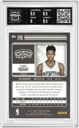 Dejounte Murray from the 2016-17 Panini Studio set graded by Arena Club and given an overall grade of 9.