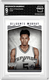 Dejounte Murray from the 2016-17 Panini Studio set graded by Arena Club and given an overall grade of 9.