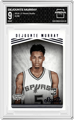 Dejounte Murray from the 2016-17 Panini Studio set graded by Arena Club and given an overall grade of 9.