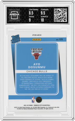 Ayo Dosunmu from the 2021-22 Panini Donruss Optic set featuring a Blue Pulsar parallel graded by Arena Club and given an overall grade of 9.