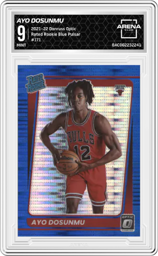 Ayo Dosunmu from the 2021-22 Panini Donruss Optic set featuring a Blue Pulsar parallel graded by Arena Club and given an overall grade of 9.