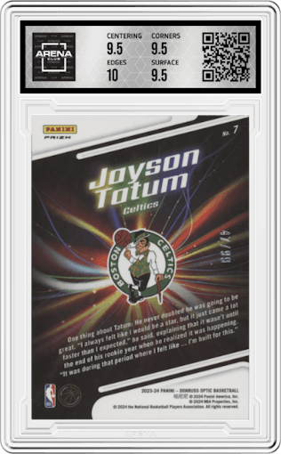 Jayson Tatum from the 2023-24 Donruss Optic set featuring a Red parallel graded by Arena Club and given an overall grade of 10.