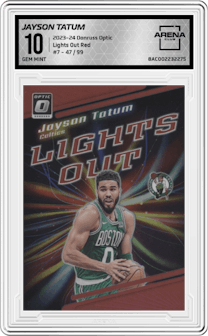 Jayson Tatum from the 2023-24 Donruss Optic set featuring a Red parallel graded by Arena Club and given an overall grade of 10.
