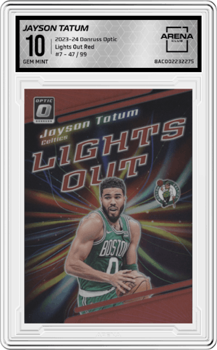 Jayson Tatum from the 2023-24 Donruss Optic set featuring a Red parallel graded by Arena Club and given an overall grade of 10.