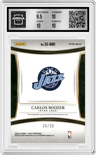 Carlos Boozer from the 2023-24 Panini Select  set featuring a Neon Orange Pulsar parallel graded by Arena Club and given an overall grade of 10.