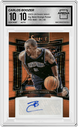 Carlos Boozer from the 2023-24 Panini Select  set featuring a Neon Orange Pulsar parallel graded by Arena Club and given an overall grade of 10.