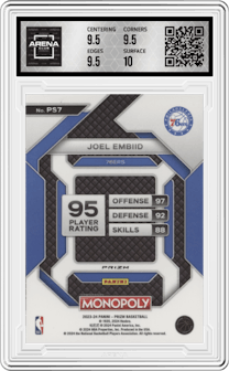 Joel Embiid from the 2023-24 Panini Prizm Monopoly set featuring a Silver Prizm parallel graded by Arena Club and given an overall grade of 10.