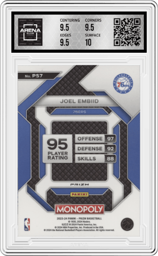 Joel Embiid from the 2023-24 Panini Prizm Monopoly set featuring a Silver Prizm parallel graded by Arena Club and given an overall grade of 10.