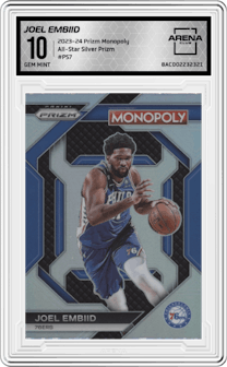 Joel Embiid from the 2023-24 Panini Prizm Monopoly set featuring a Silver Prizm parallel graded by Arena Club and given an overall grade of 10.