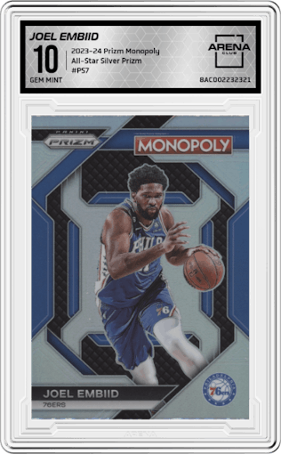 Joel Embiid from the 2023-24 Panini Prizm Monopoly set featuring a Silver Prizm parallel graded by Arena Club and given an overall grade of 10.