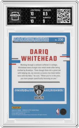 Dariq Whitehead from the 2023-24 Donruss Optic set featuring a Holo parallel graded by Arena Club and given an overall grade of 9.