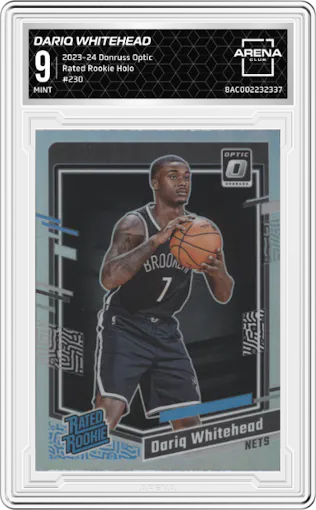 Dariq Whitehead from the 2023-24 Donruss Optic set featuring a Holo parallel graded by Arena Club and given an overall grade of 9.
