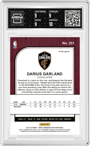 Darius Garland from the 2019-20 Panini Hoops Premium Stock set featuring a Red Cracked Ice parallel graded by Arena Club and given an overall grade of 9.5.