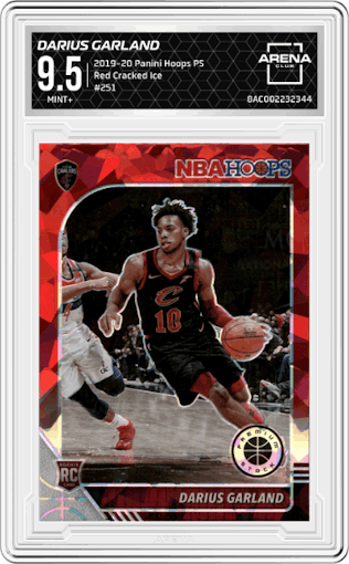 Darius Garland from the 2019-20 Panini Hoops Premium Stock set featuring a Red Cracked Ice parallel graded by Arena Club and given an overall grade of 9.5.