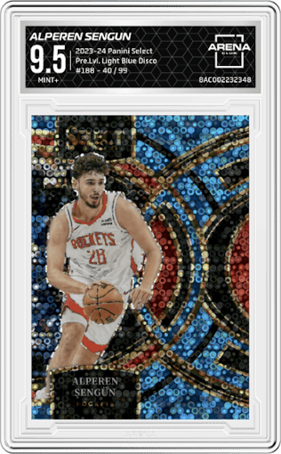 Alperen Sengun from the 2023-24 Panini Select  set featuring a Light Blue Disco parallel graded by Arena Club and given an overall grade of 9.5.