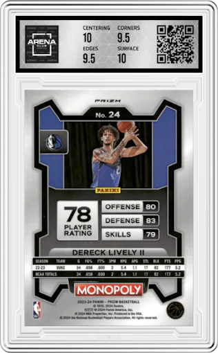 Dereck Lively II from the 2023-24 Panini Prizm Monopoly set featuring a Purple  parallel graded by Arena Club and given an overall grade of 10.