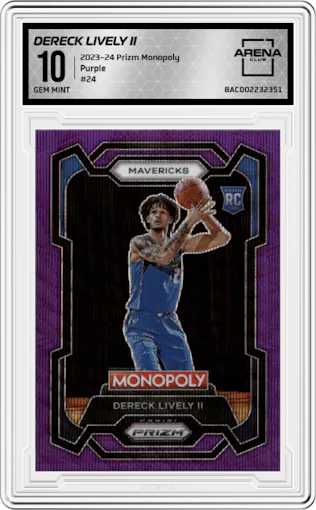 Dereck Lively II from the 2023-24 Panini Prizm Monopoly set featuring a Purple  parallel graded by Arena Club and given an overall grade of 10.