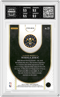 Nikola Jokic from the 2023-24 Panini Select  set featuring a Silver Prizm parallel graded by Arena Club and given an overall grade of 9.5.
