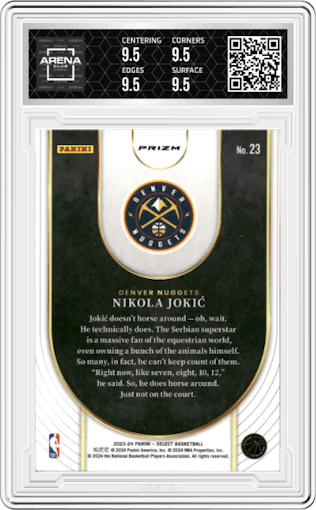 Nikola Jokic from the 2023-24 Panini Select  set featuring a Silver Prizm parallel graded by Arena Club and given an overall grade of 9.5.