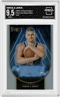 Nikola Jokic from the 2023-24 Panini Select  set featuring a Silver Prizm parallel graded by Arena Club and given an overall grade of 9.5.