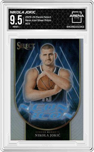 Nikola Jokic from the 2023-24 Panini Select  set featuring a Silver Prizm parallel graded by Arena Club and given an overall grade of 9.5.