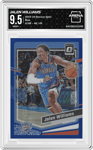 Jalen Williams from the 2023-24 Donruss Optic set featuring a Blue parallel graded by Arena Club and given an overall grade of 9.5.