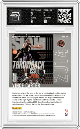 Vince Carter from the 2020-21 Panini NBA Hoops set graded by Arena Club and given an overall grade of 9.