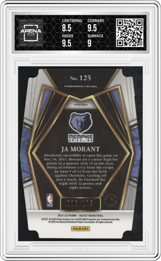 Ja Morant from the 2021-22 Panini Select set featuring a Die-Cut Maroon parallel graded by Arena Club and given an overall grade of 9.