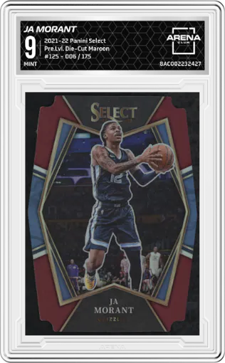 Ja Morant from the 2021-22 Panini Select set featuring a Die-Cut Maroon parallel graded by Arena Club and given an overall grade of 9.