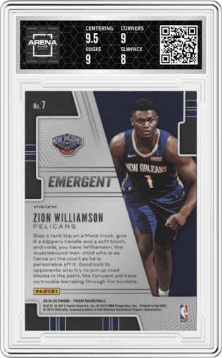 Zion Williamson from the 2019-20 Panini Prizm set featuring a Silver Prizm parallel graded by Arena Club and given an overall grade of 8.5.