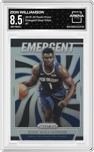 Zion Williamson from the 2019-20 Panini Prizm set featuring a Silver Prizm parallel graded by Arena Club and given an overall grade of 8.5.