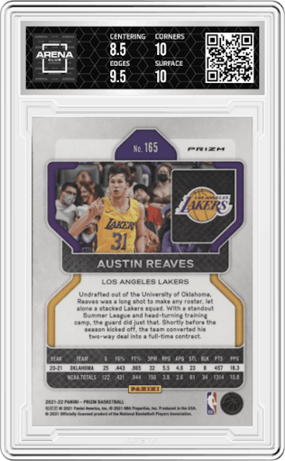 Austin Reaves from the 2021-22 Panini Prizm  set featuring a Red/White/Blue Prizm parallel graded by Arena Club and given an overall grade of 9.